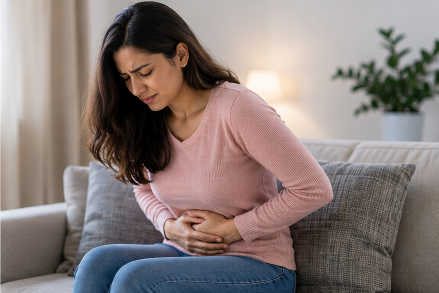 Woman experiencing pelvic pain and discomfort associated with endometriosis at home